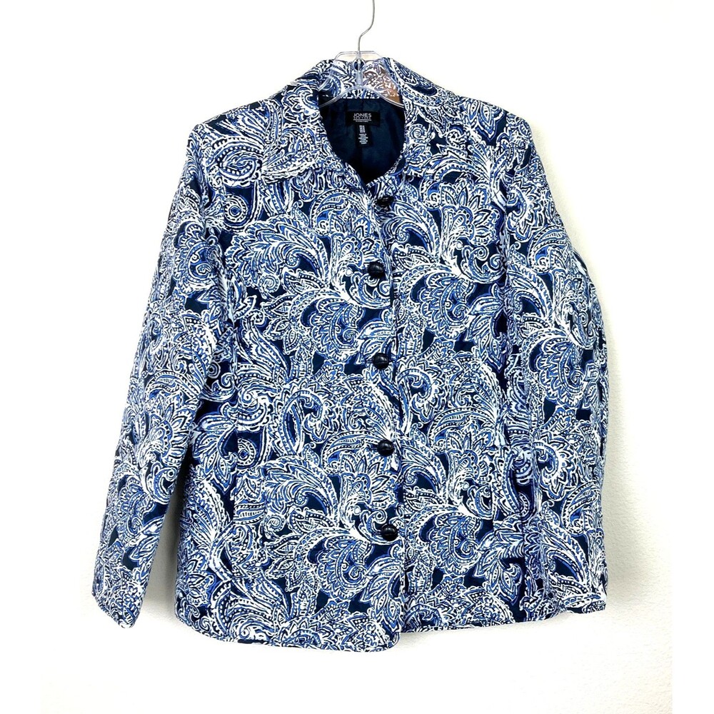 JONES New York Signature Women's Button Up Quilted Jacket Size M Blue Geometric